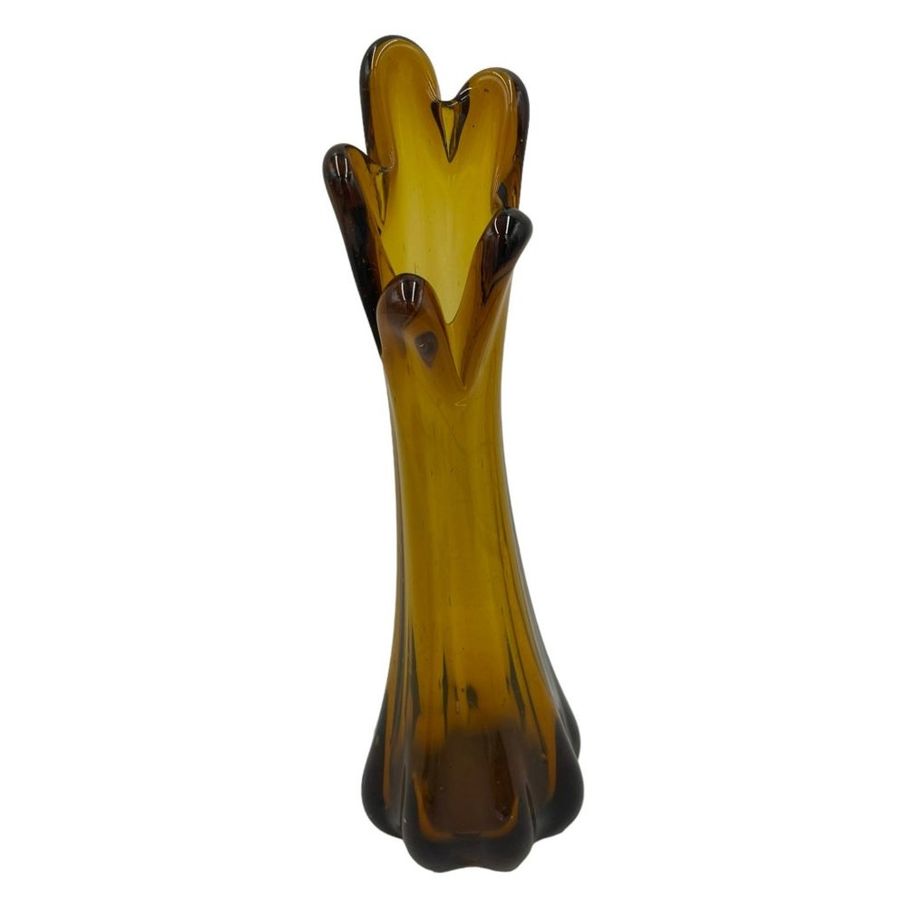 Vintage MCM Amber Swung Vase 10" Tall Glass 5 Finger Vase